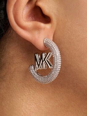 Michael Kors Crystal-Studded Silver MK Hoop Earrings